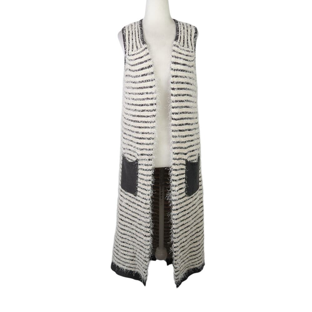 POL Cream and Black Stripe Eyelash Shag Knit Maxi Sweater Vest Cardigan L